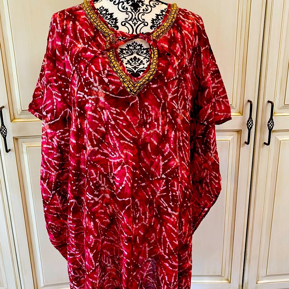 Sol & Mer One Size Red Tie Dye Like Swimsuit Cover-Up with Beaded Neckline